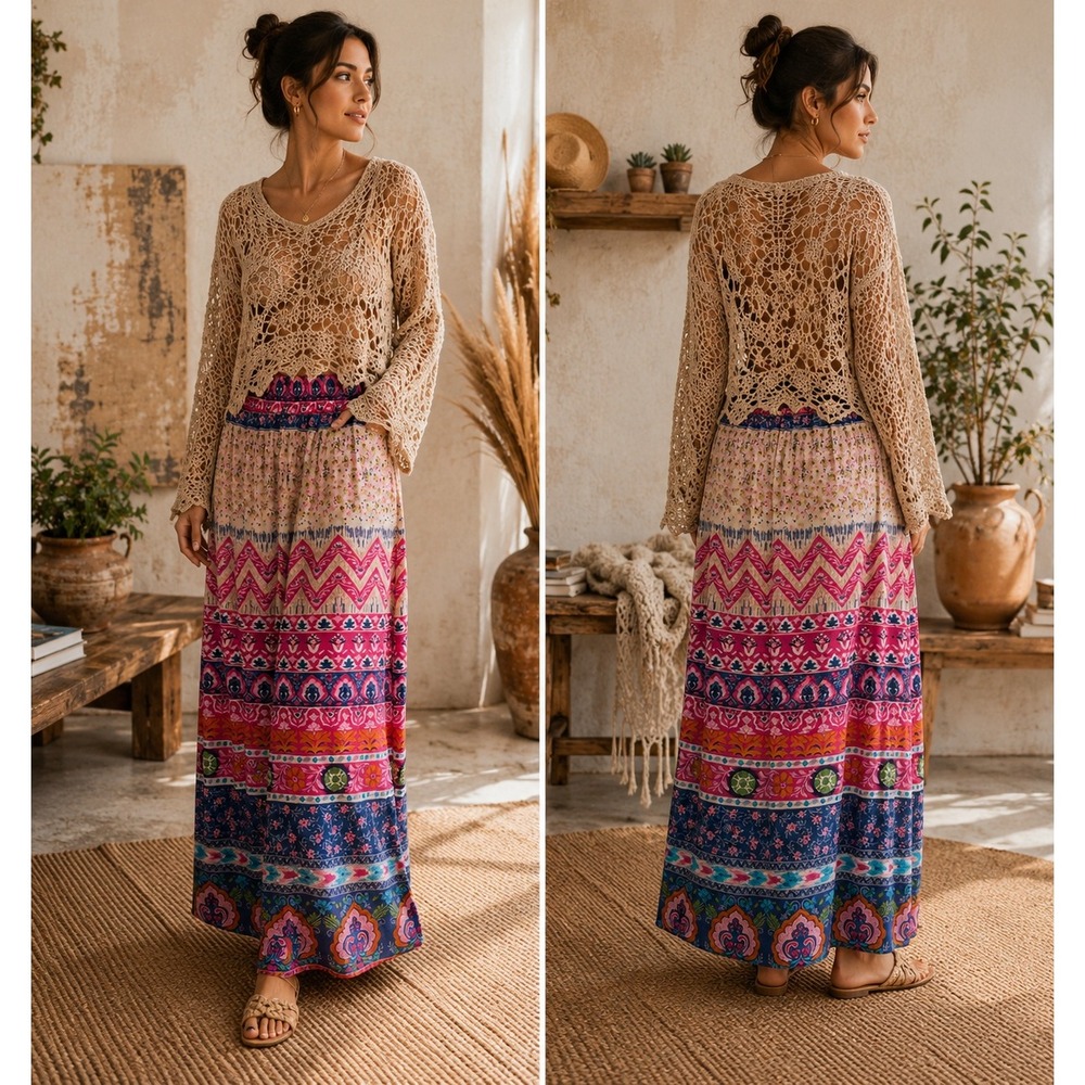 Tolani Silk Boho Floral Paisley Elastic Waist Side Slit Lined Maxi Skirt Small